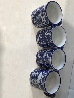 Vintage Stoneware Tienshan Folk Art Blue Floral Ceramic Coffee Mugs - Set of 4